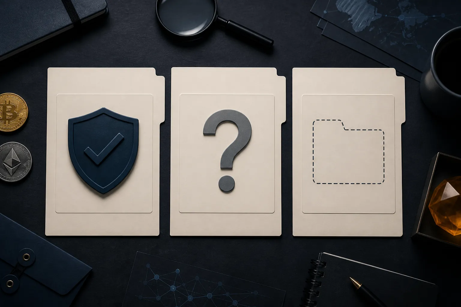 Three filing cards showing confirmed, questioned, and empty legal-status categories