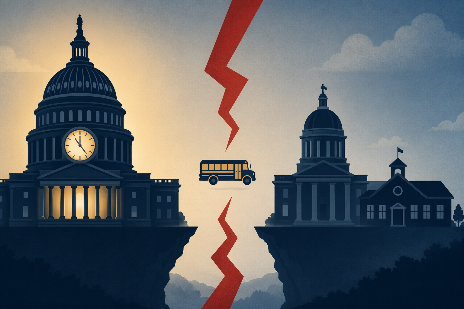 A legal conflict between federal and state authority, with a Capitol silhouette, a state capitol, a school building icon, and a bus caught in the middle.