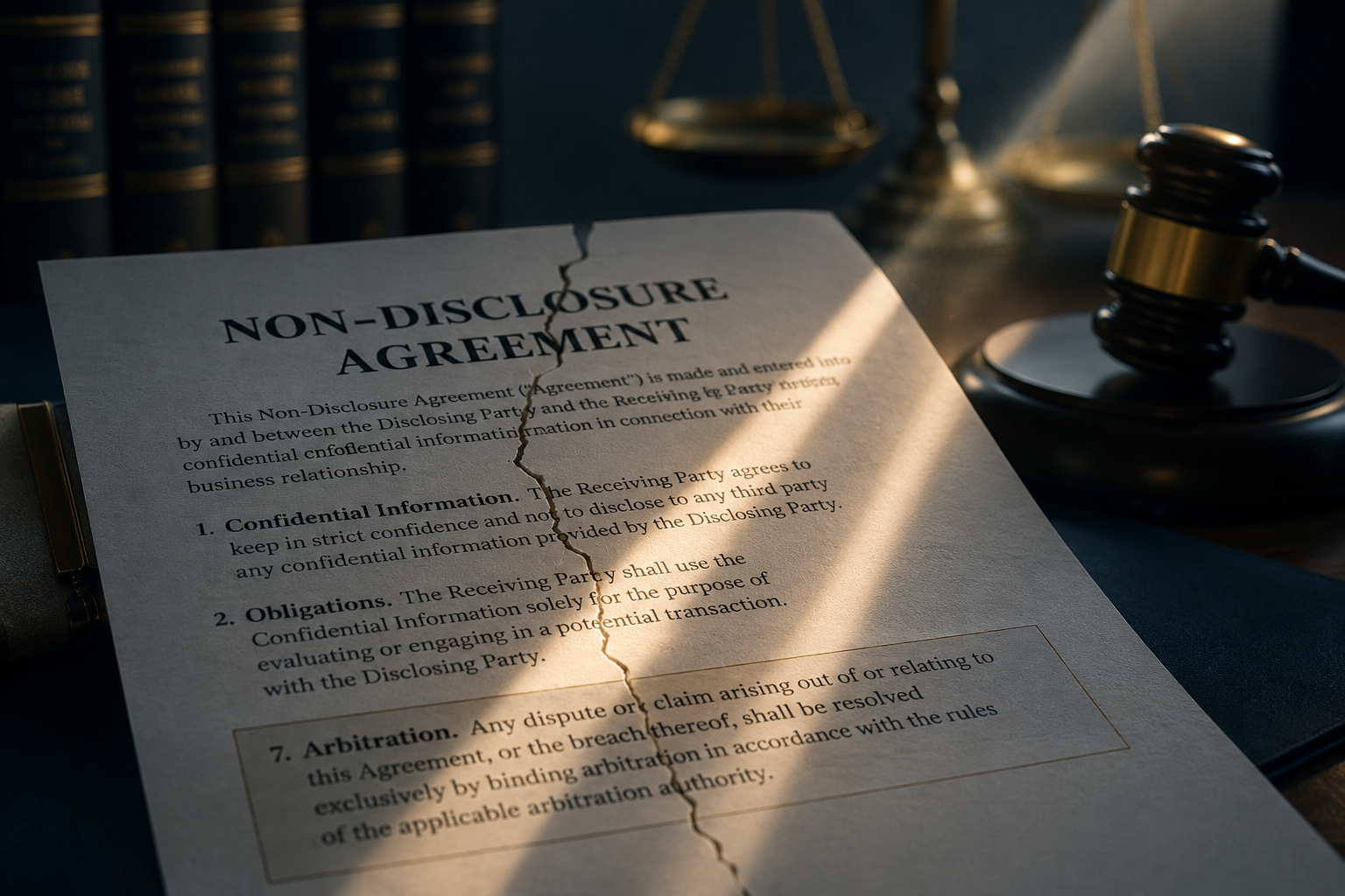 A fractured NDA document with an arbitration clause in a courtroom setting