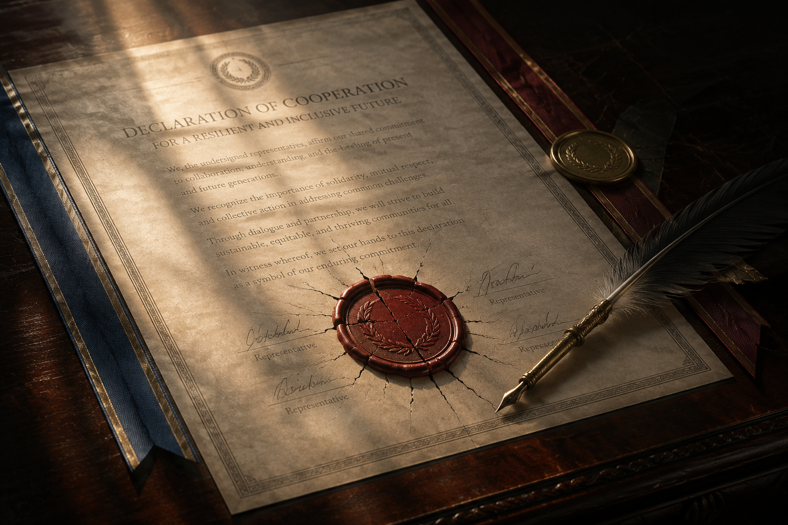 A cracked ceremonial diplomatic document on a dark wooden table