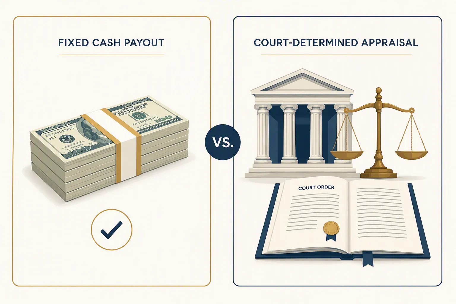 Illustration contrasting a fixed cash payout with a court-determined appraisal process