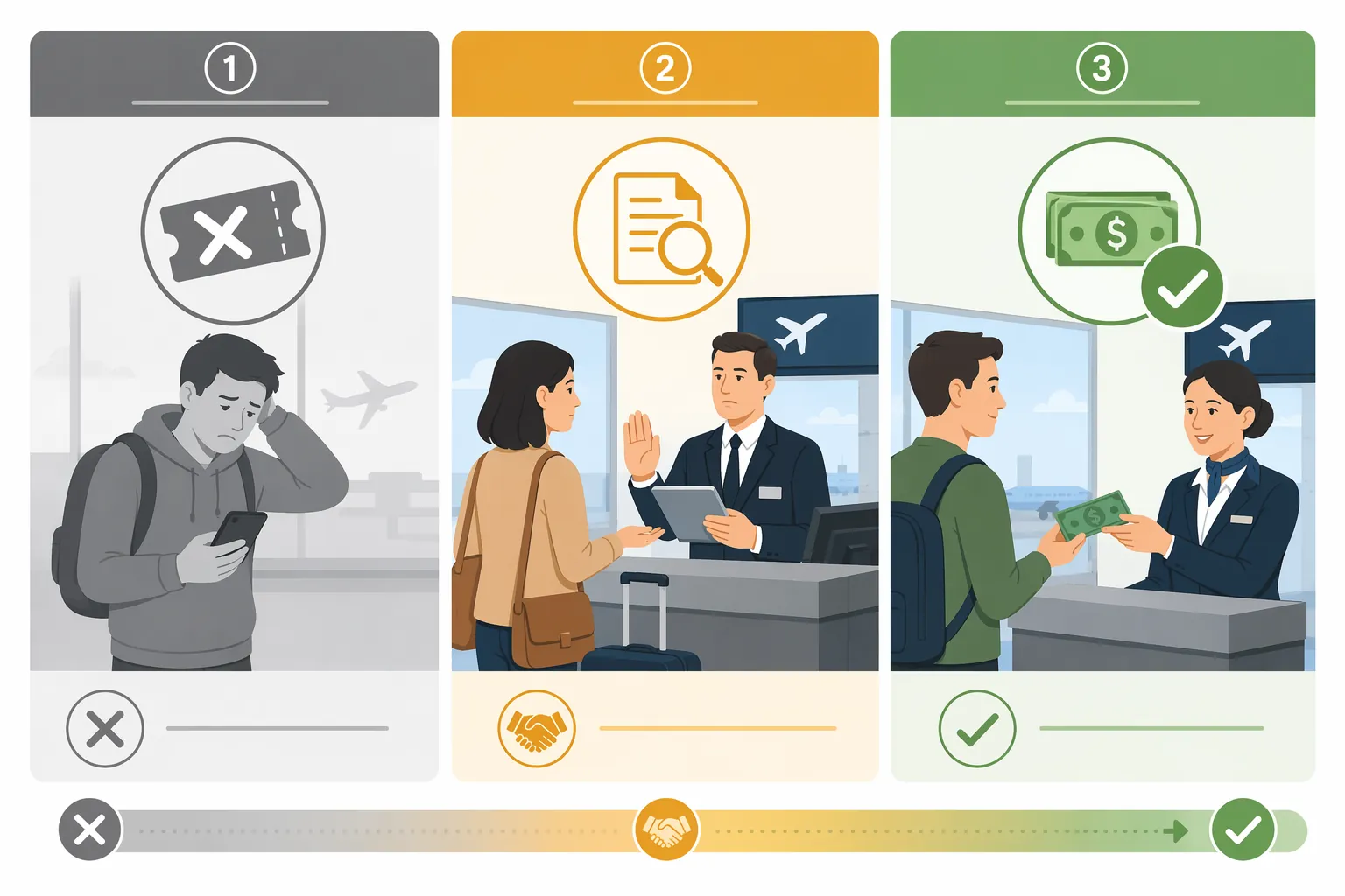 Infographic distinguishing unable to travel, non-oversale denied boarding, and oversale denied boarding under Part 250