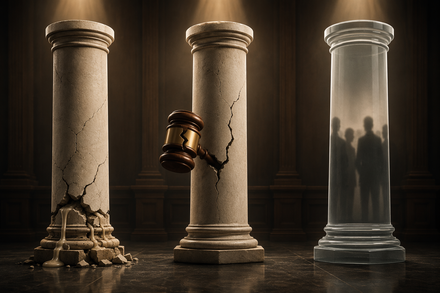 Editorial illustration of three stone pillars on a dark courtroom floor, suggesting causation, malice, and selective prosecution arguments