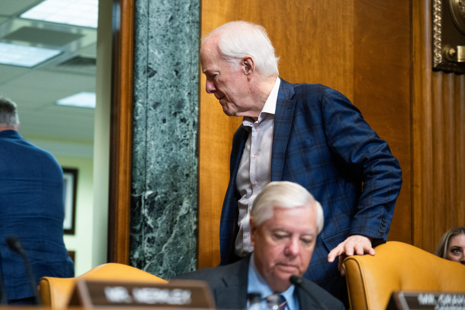 John Cornyn and Thom Tillis seated side by side at a Senate Judiciary Committee markup session