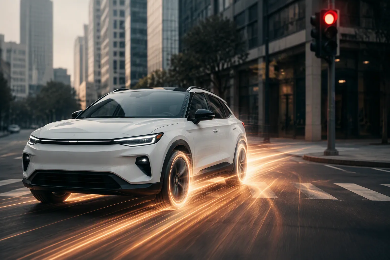White electric SUV accelerating from a city intersection stoplight