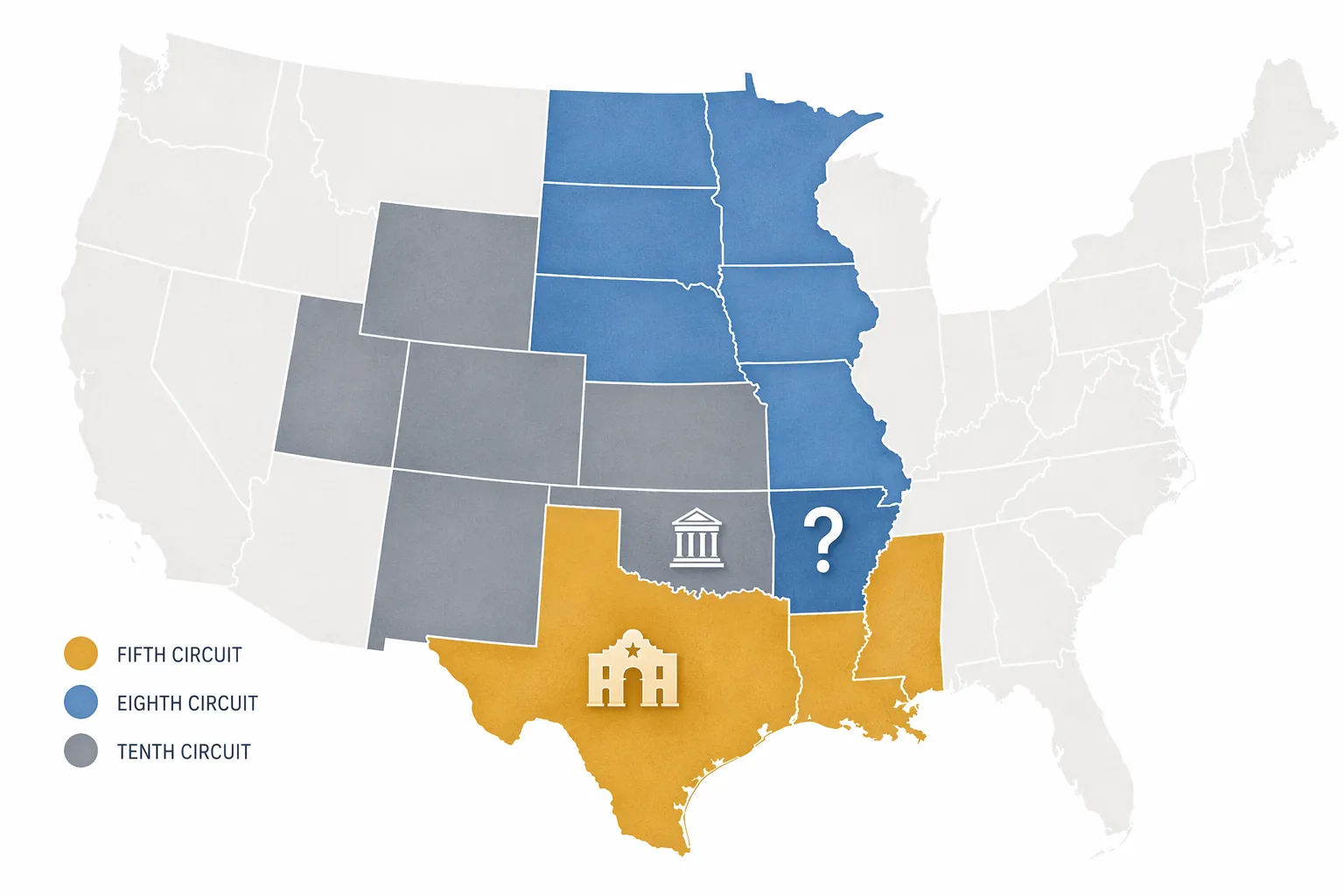 Editorial map highlighting Fifth, Eighth, and Tenth Circuit positions on Ten Commandments display disputes