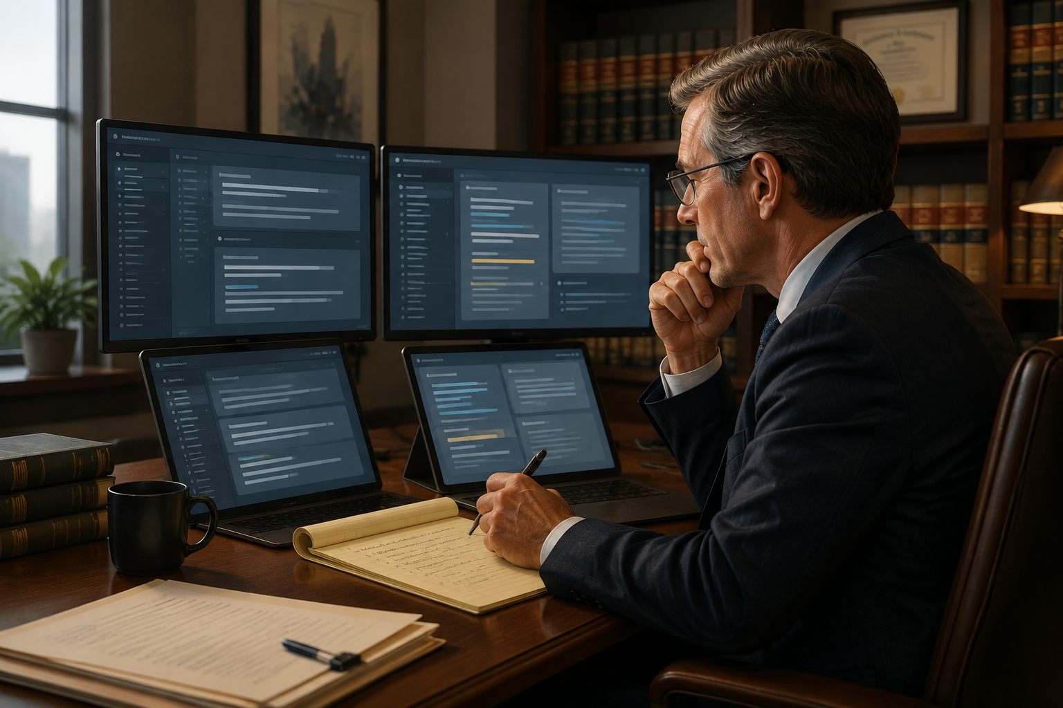 Law firm professional comparing AI legal research interfaces while taking verification notes