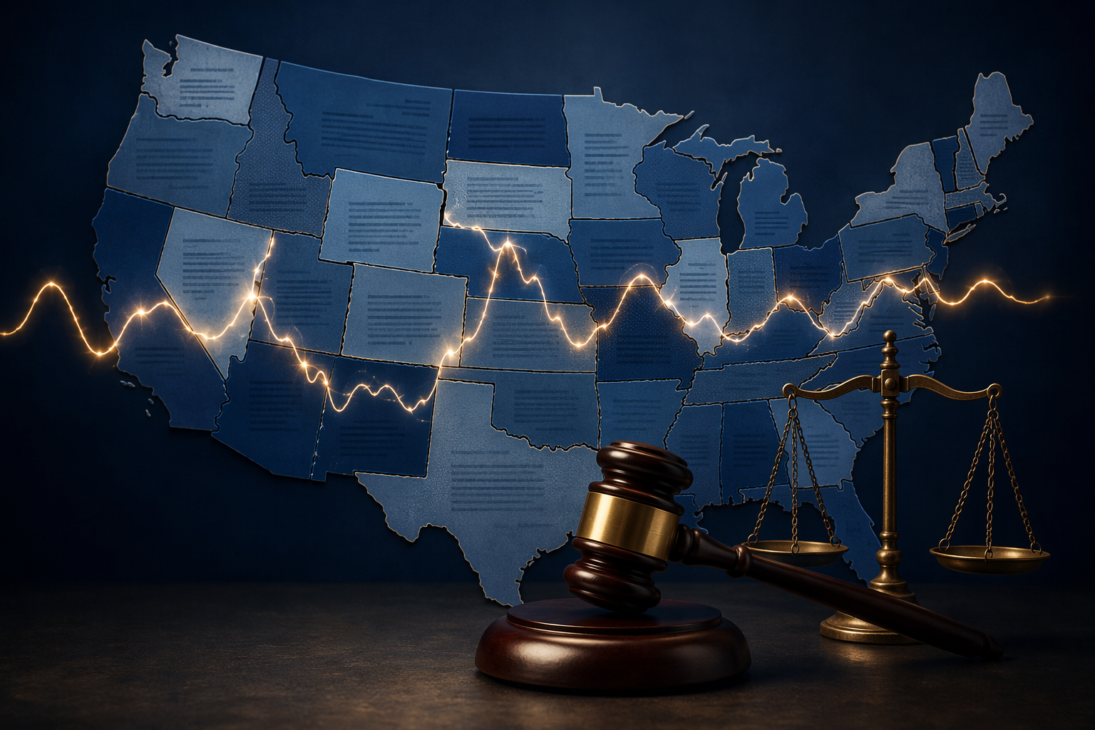 A US map with varied blue state sections and a digital waveform crossing borders