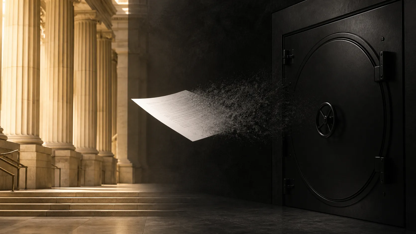 Courthouse facade and sealed vault door symbolizing a case moving from public court into confidential arbitration