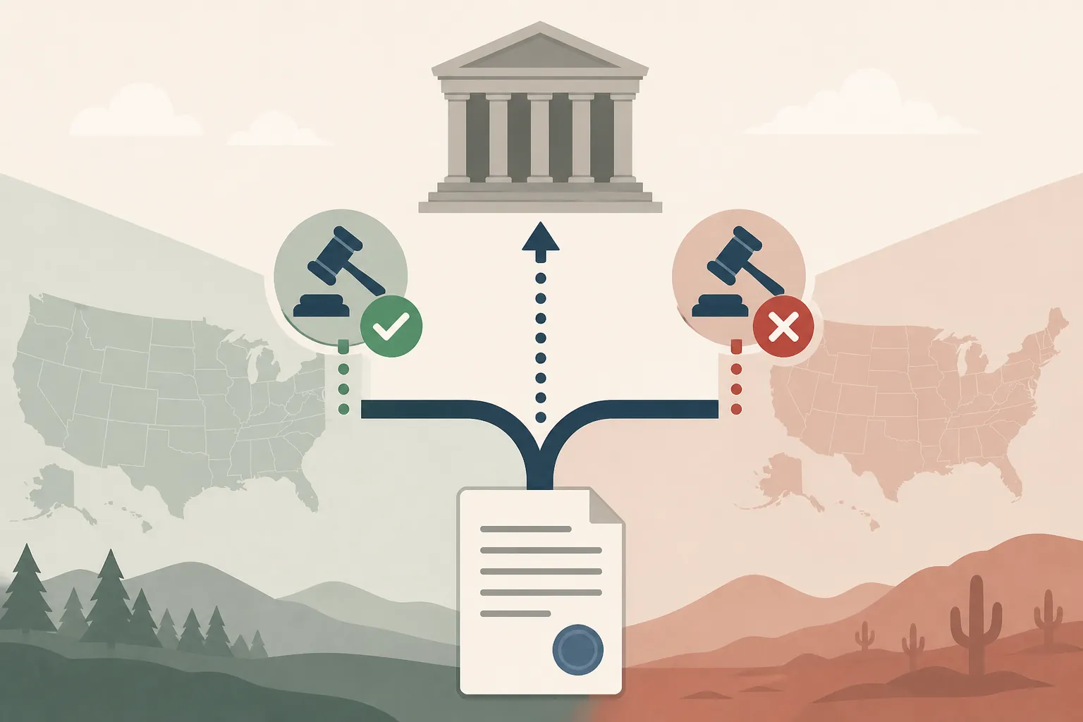 Legal circuit split illustration with two gavels, one checkmark, one red X, and an arrow to a pending appeal