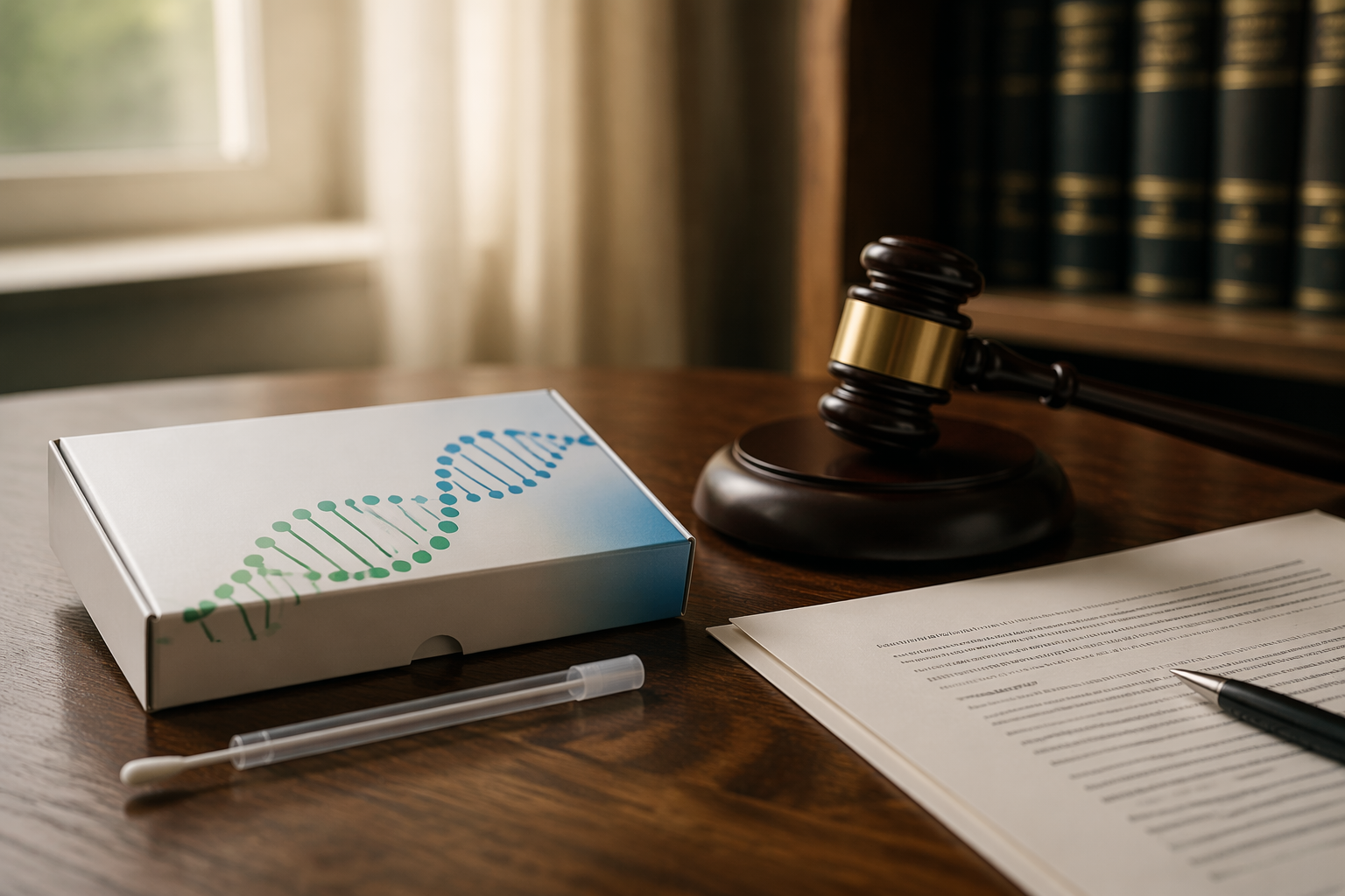 Consumer at-home DNA test kit beside a gavel and legal documents