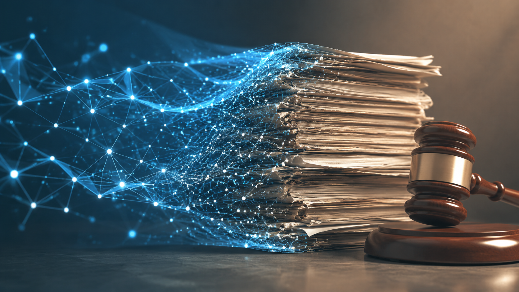 Digital neural network pattern merging into aged legal documents and a wooden gavel