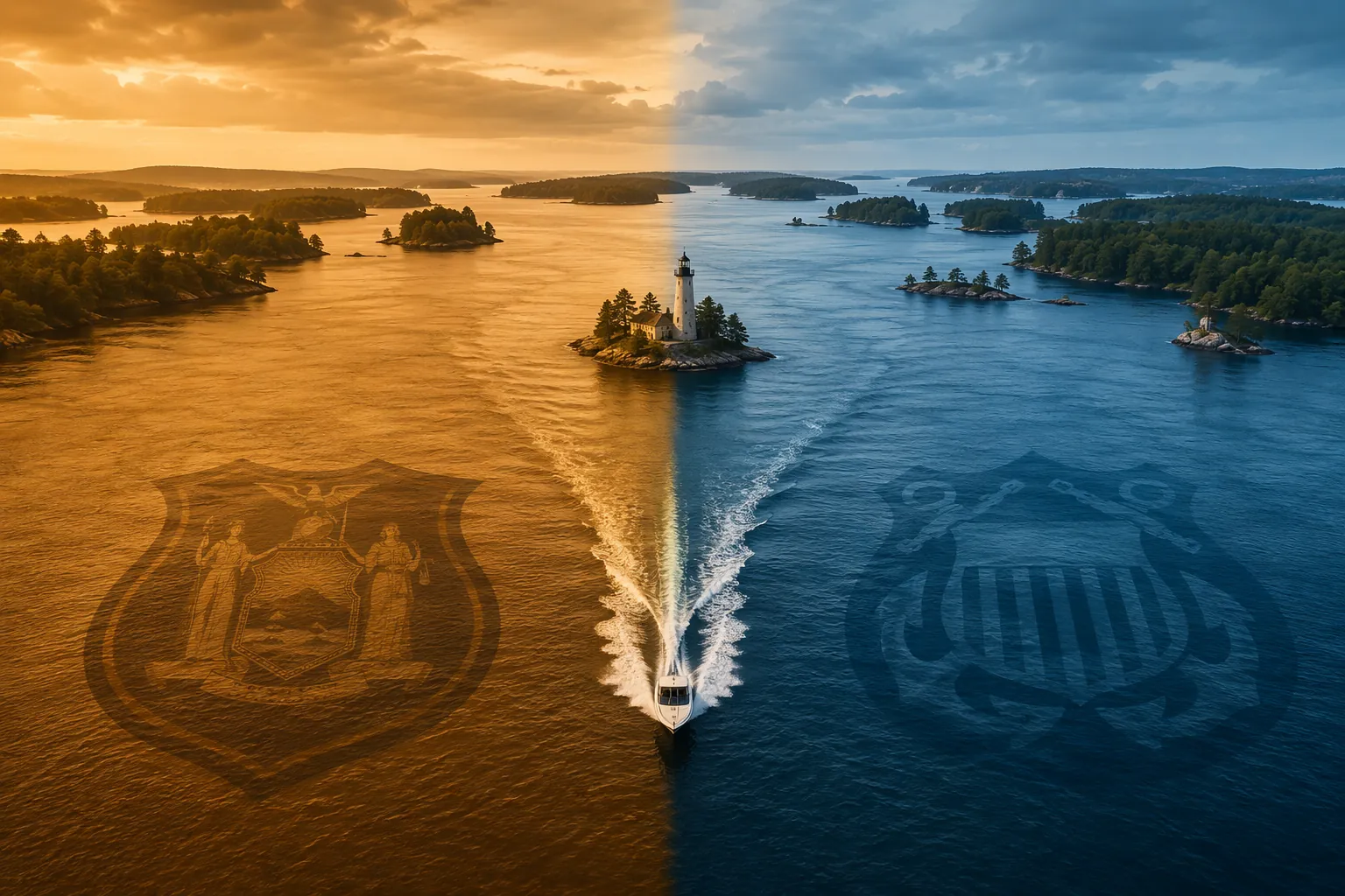 Conceptual St. Lawrence River scene showing a powerboat between state and federal enforcement zones