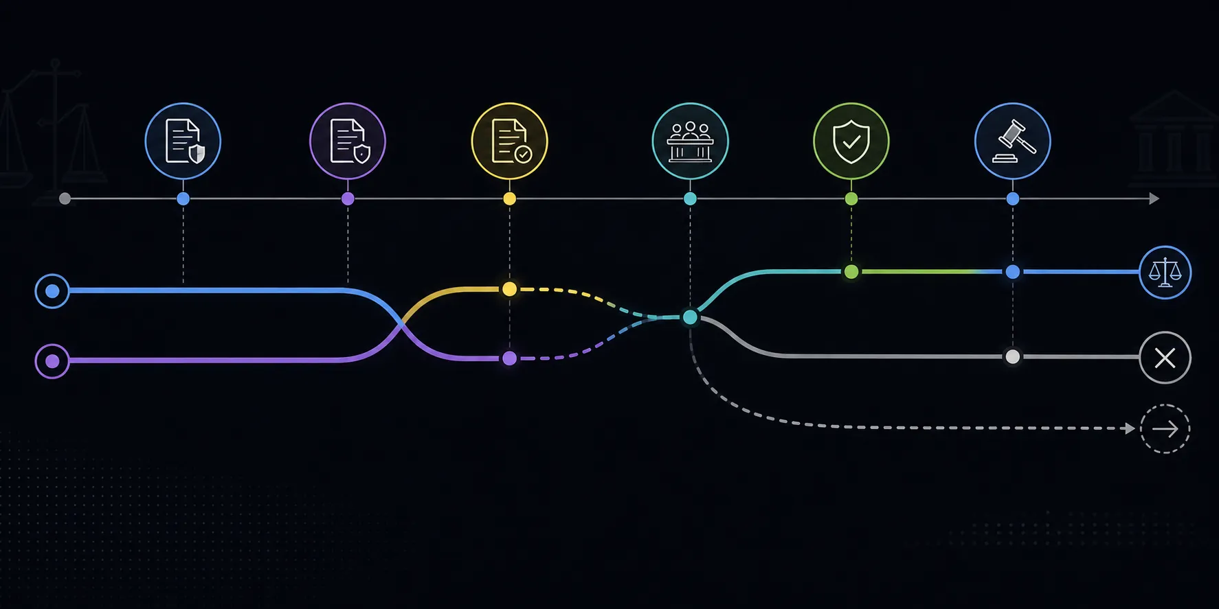 Dark timeline visualization with overlapping colored procedural strands and marker nodes