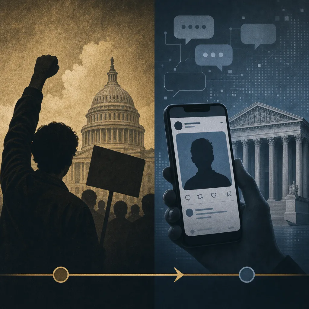Split visual comparing a 1969 protest-era First Amendment scene with a modern social media and courthouse scene