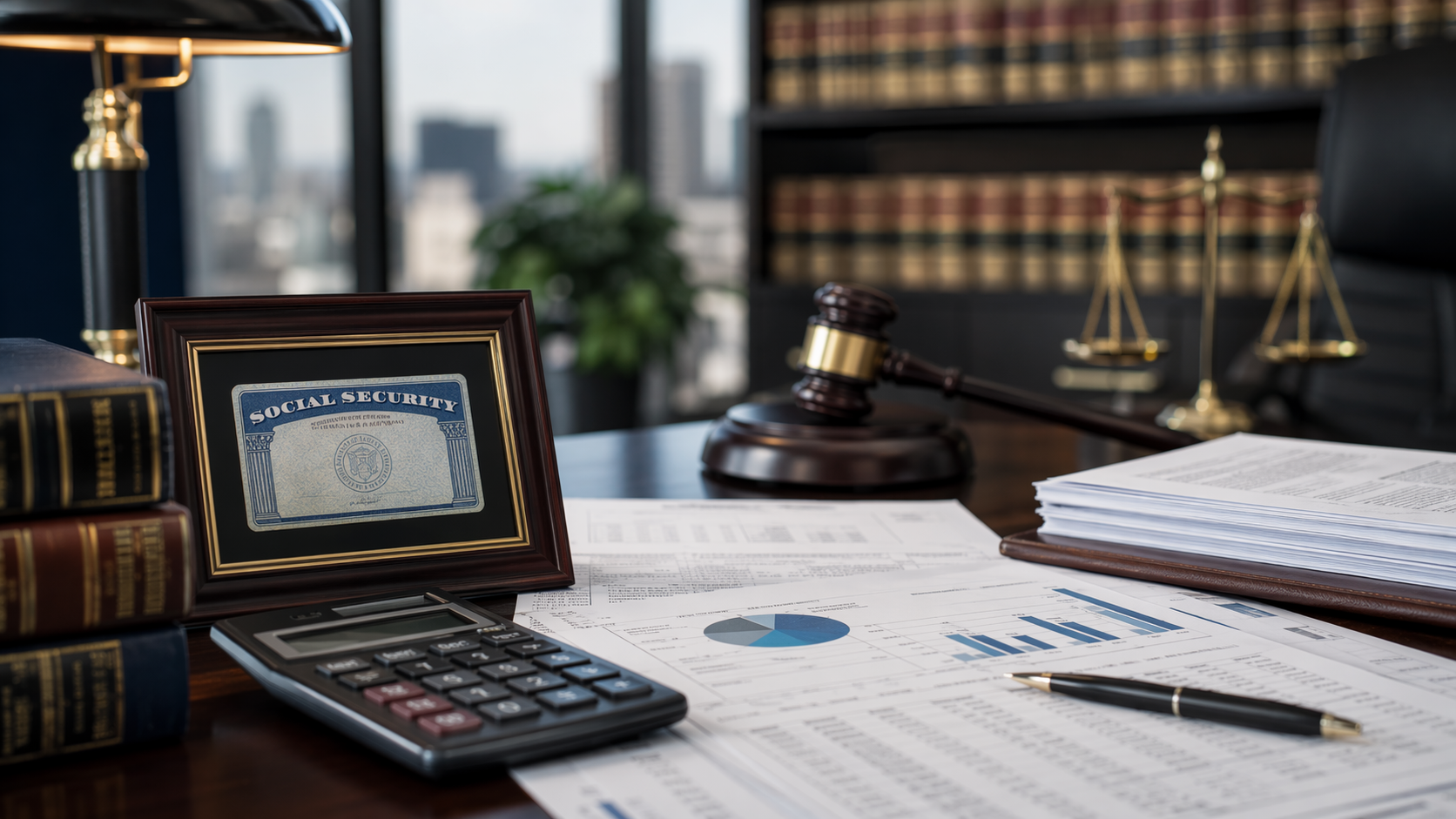 Law firm desk with financial spreadsheets, a calculator, and a framed Social Security card
