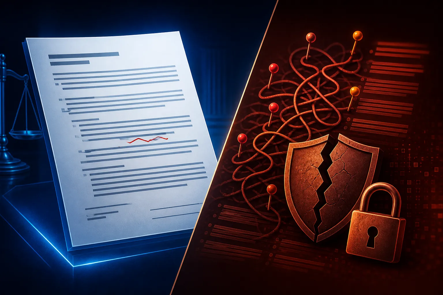 Split illustration showing a polished legal document with a hidden error on one side and tangled citation pins with a cracked shield and padlock on the other