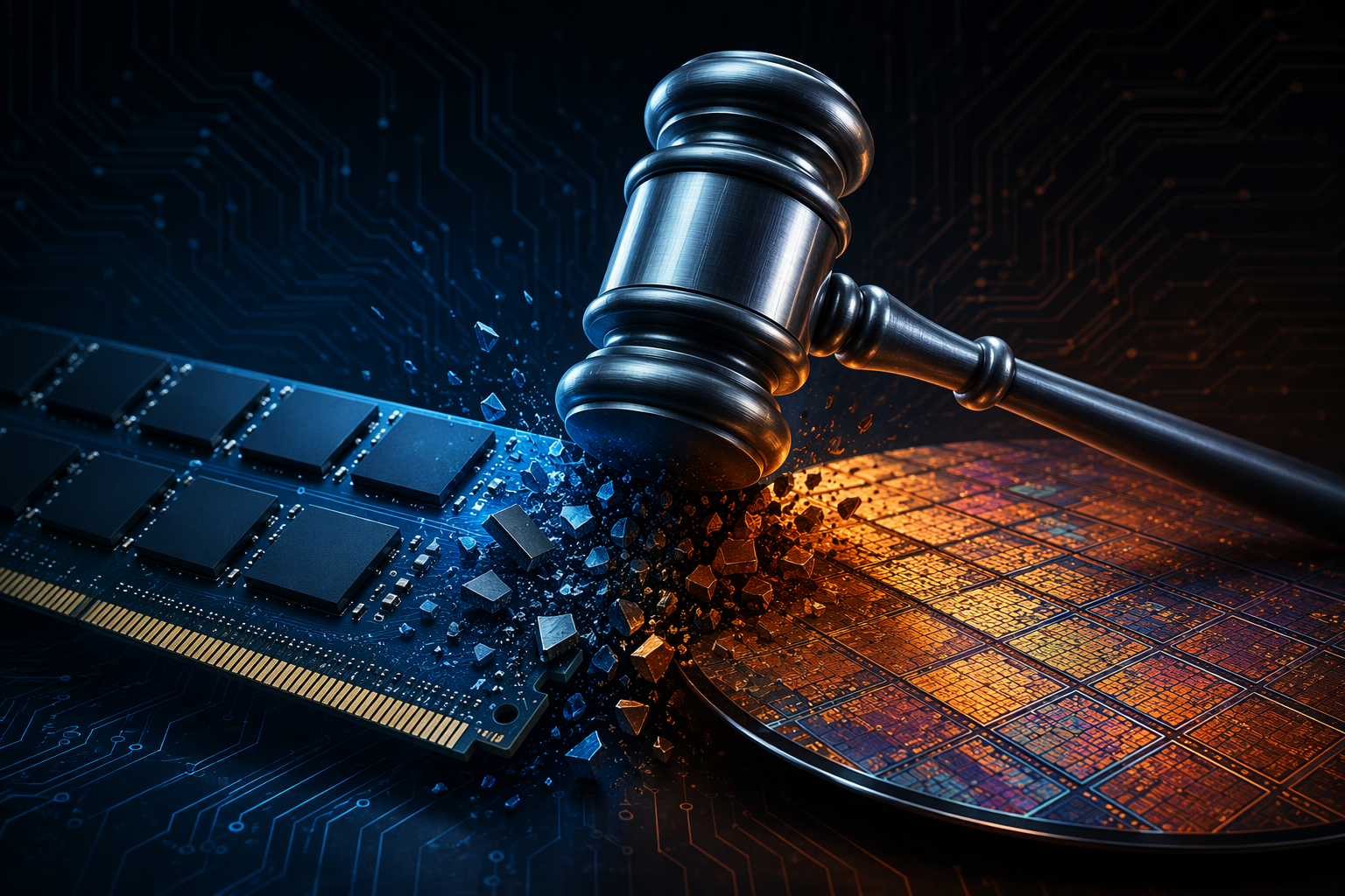 Courtroom gavel intersecting with glowing memory chips and semiconductor wafer patterns