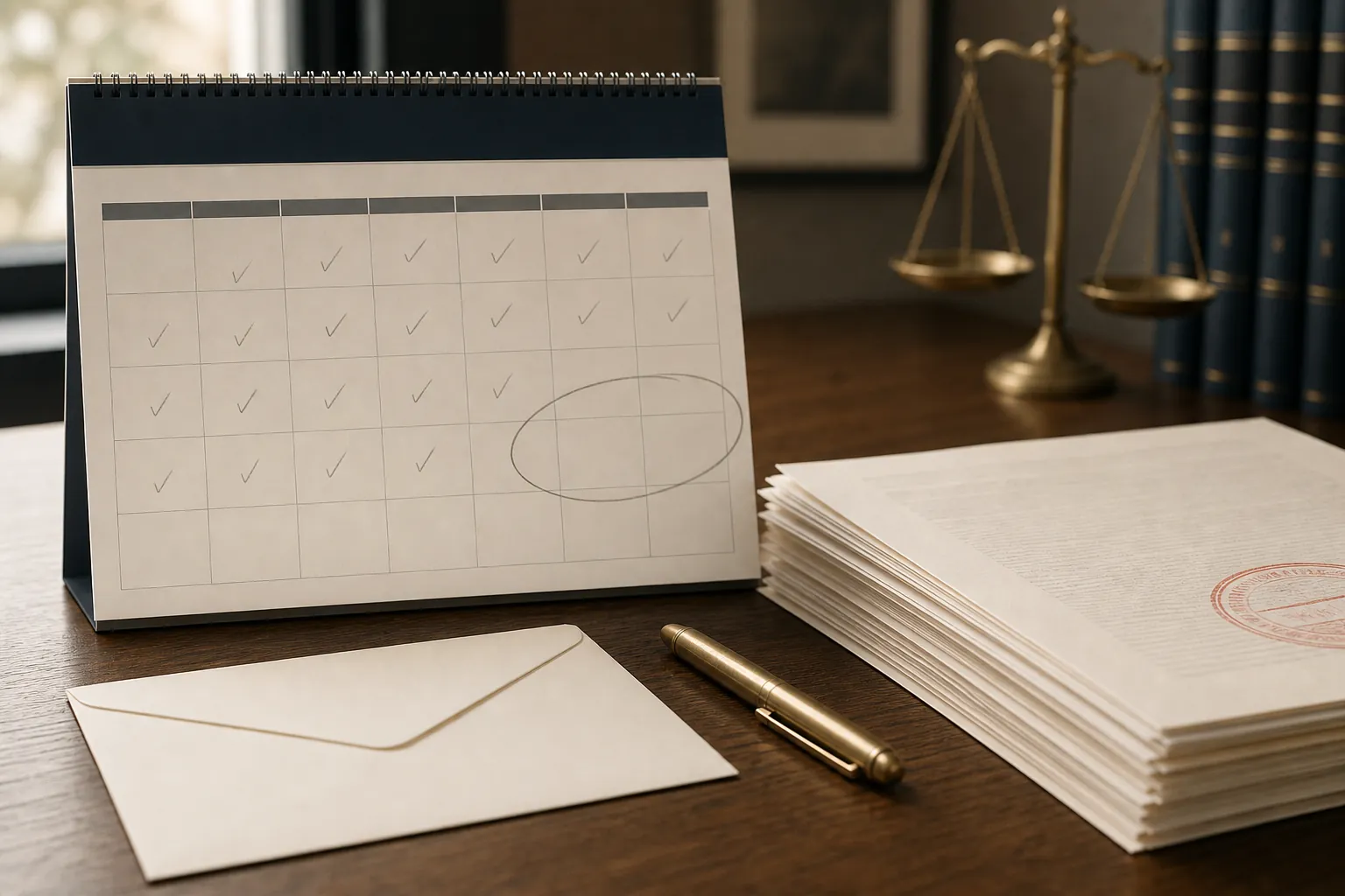 Desk calendar with marked dates beside documents and an envelope