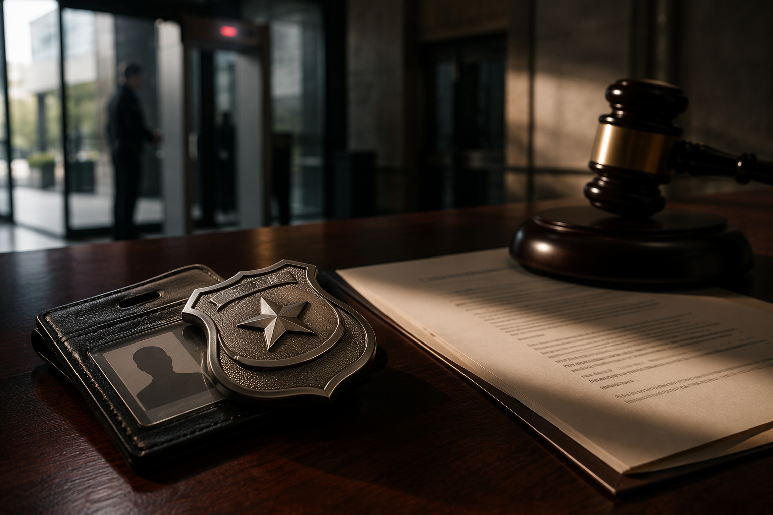 Security guard badge and legal document on a desk near a gavel