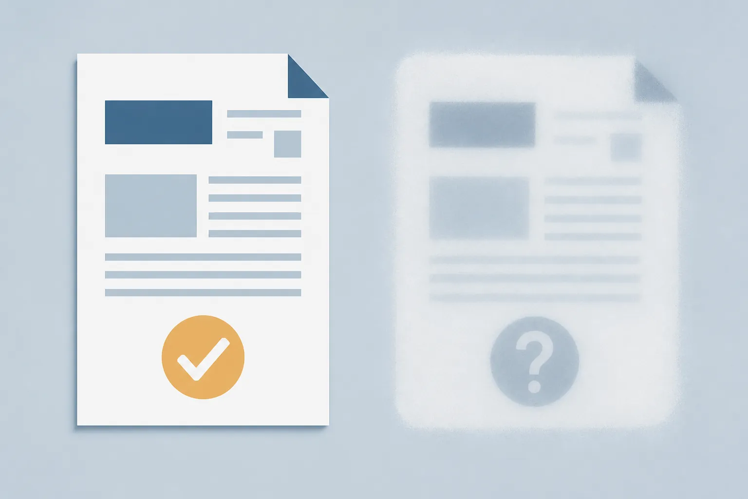 Two documents contrasting a confirmed document with a blurred unverified report