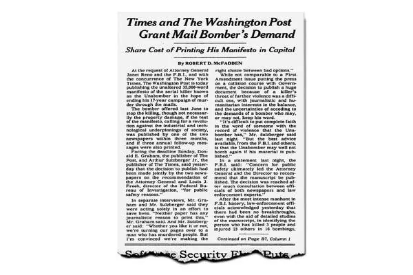 Front pages of The New York Times and The Washington Post publishing the Unabomber manifesto