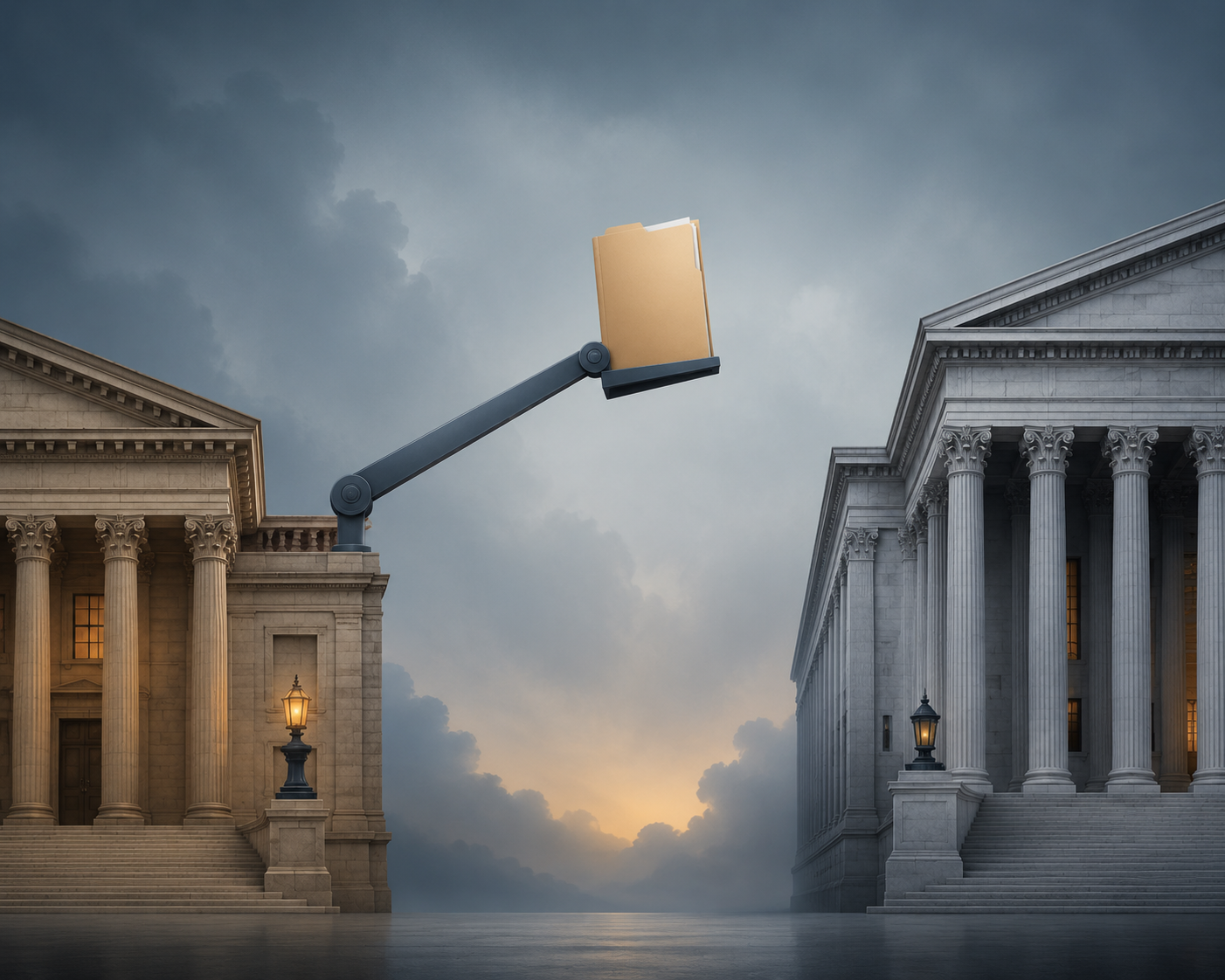 A case file moving from a state courthouse toward a federal courthouse
