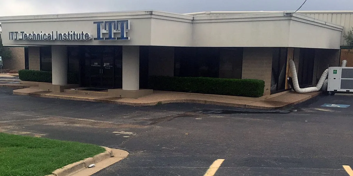 A shuttered ITT Technical Institute campus building exterior