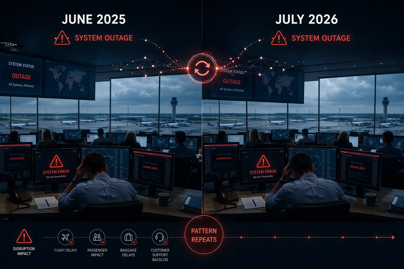 Split-screen airline operations scenes connected by warning indicators and digital network lines