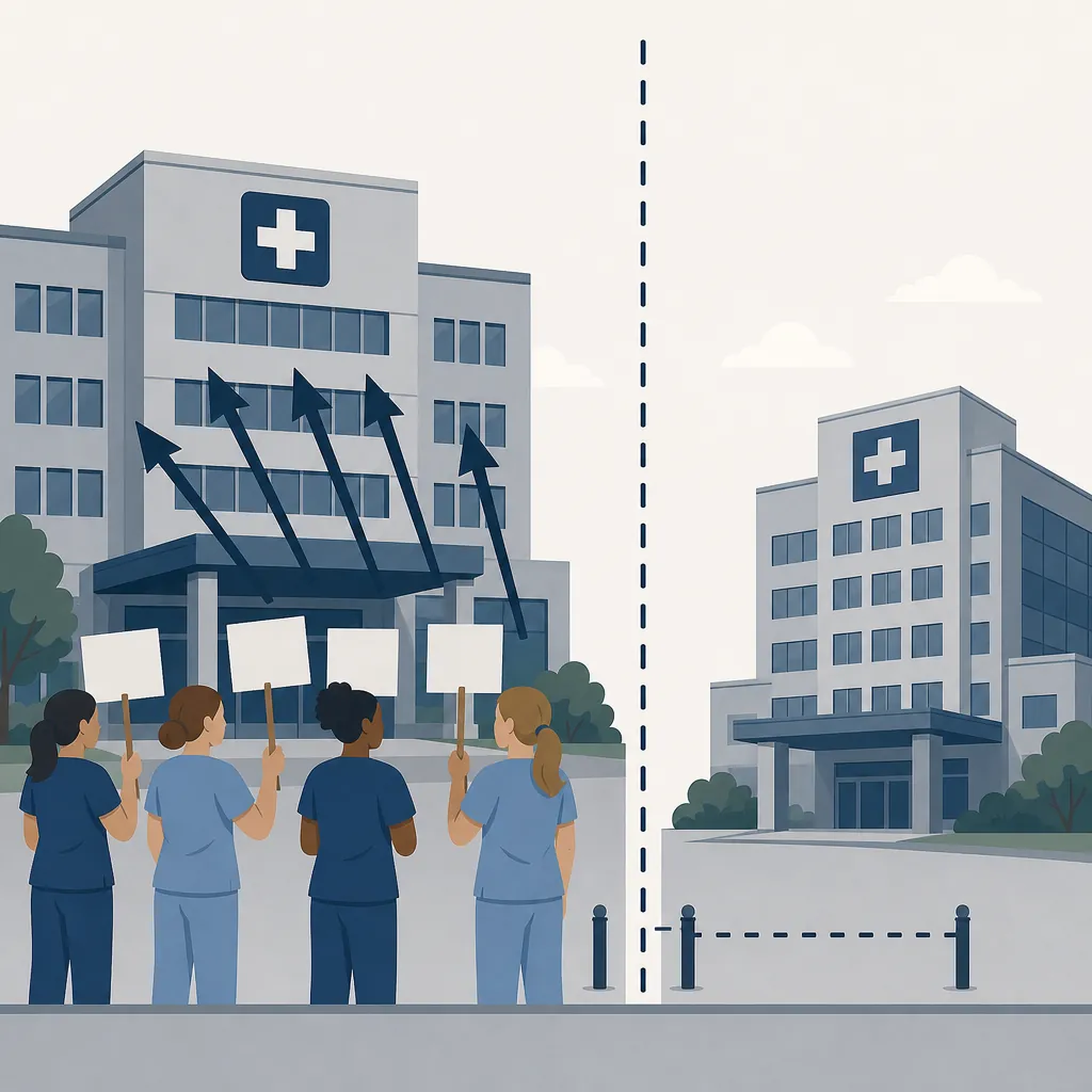 Nurses picketing one hospital while a second hospital remains behind a dashed boundary line