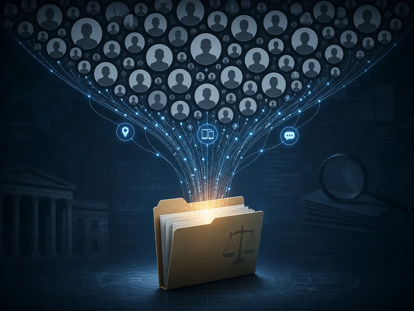 Anonymous user avatars funneling into a legal file through data threads
