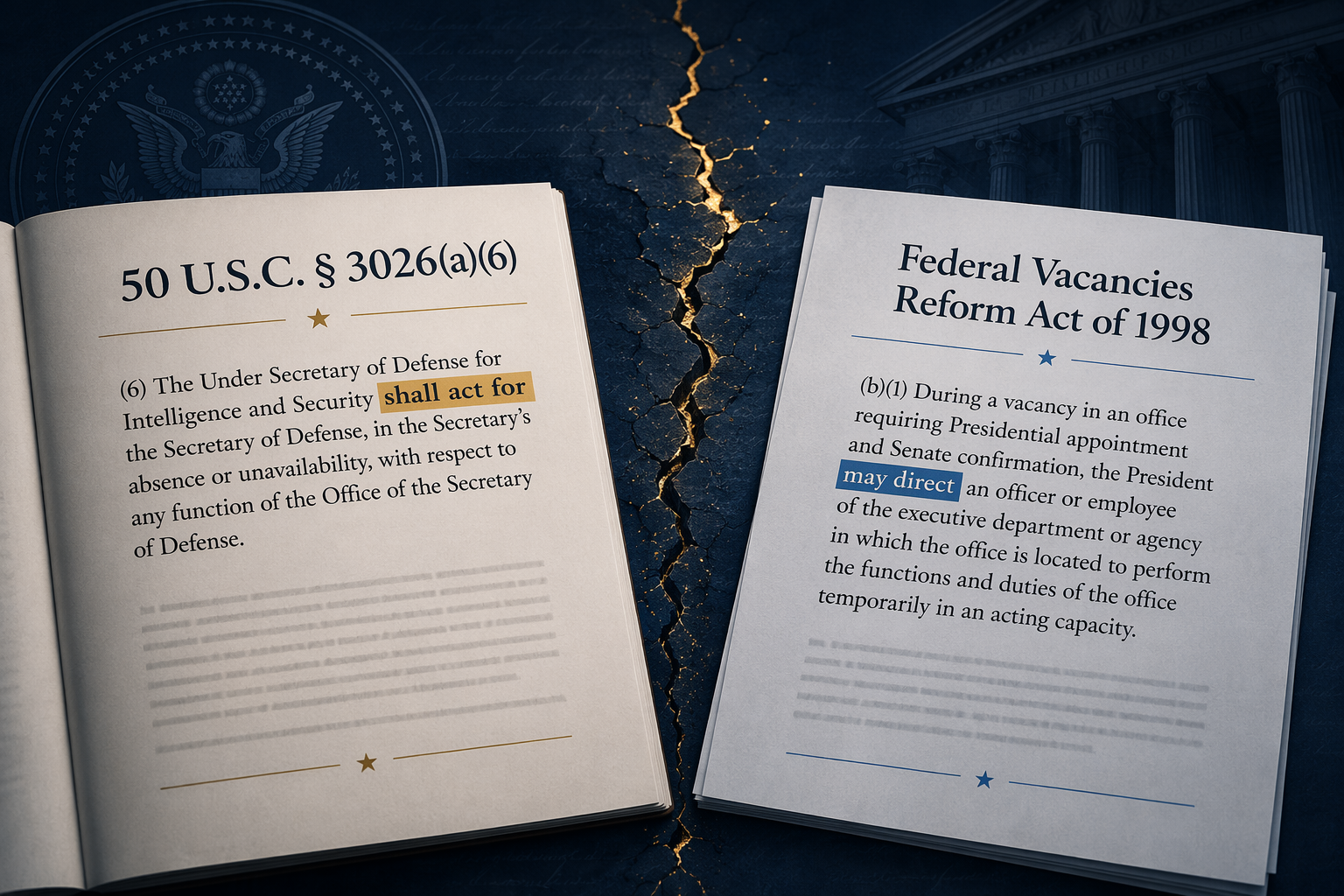 Editorial illustration comparing the DNI succession statute's shall act for language with the Federal Vacancies Reform Act's may direct language
