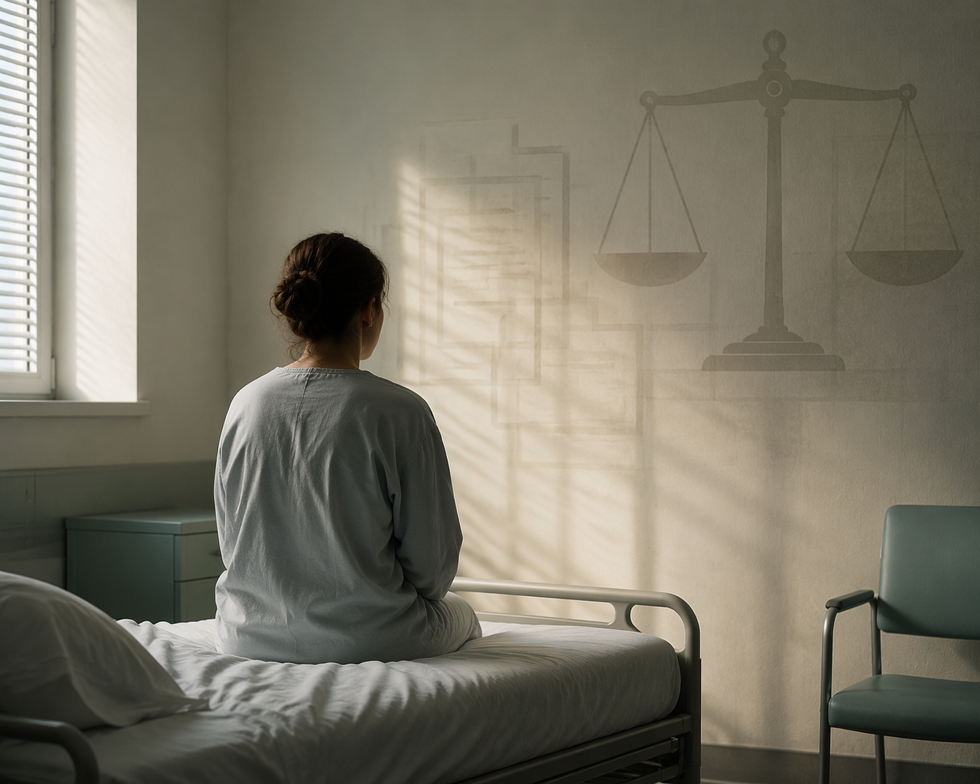 Person sitting on a bed in a sparse psychiatric hospital room with legal symbols faintly visible on the wall