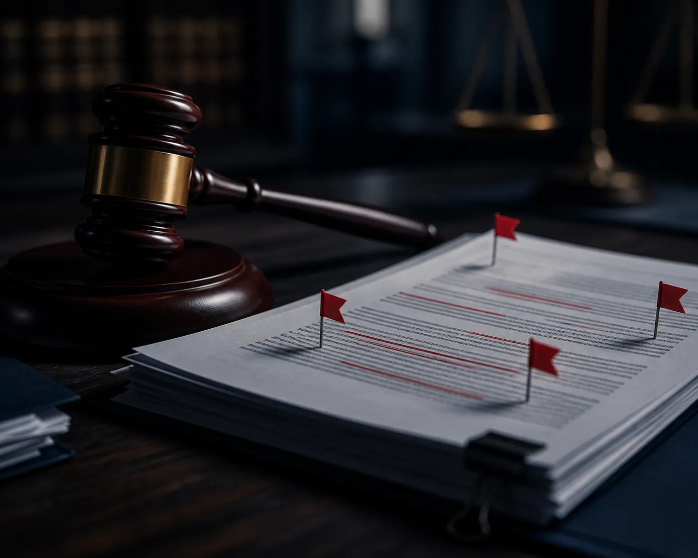Judge's gavel beside a legal brief marked with red warning flags and underlined passages