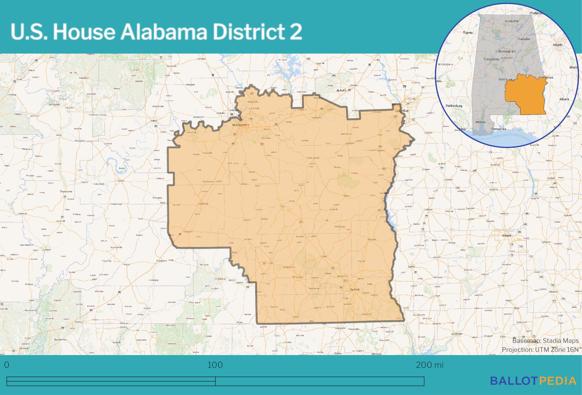 Map of Alabama's 2nd Congressional District showing its 2026 boundaries across south-central Alabama