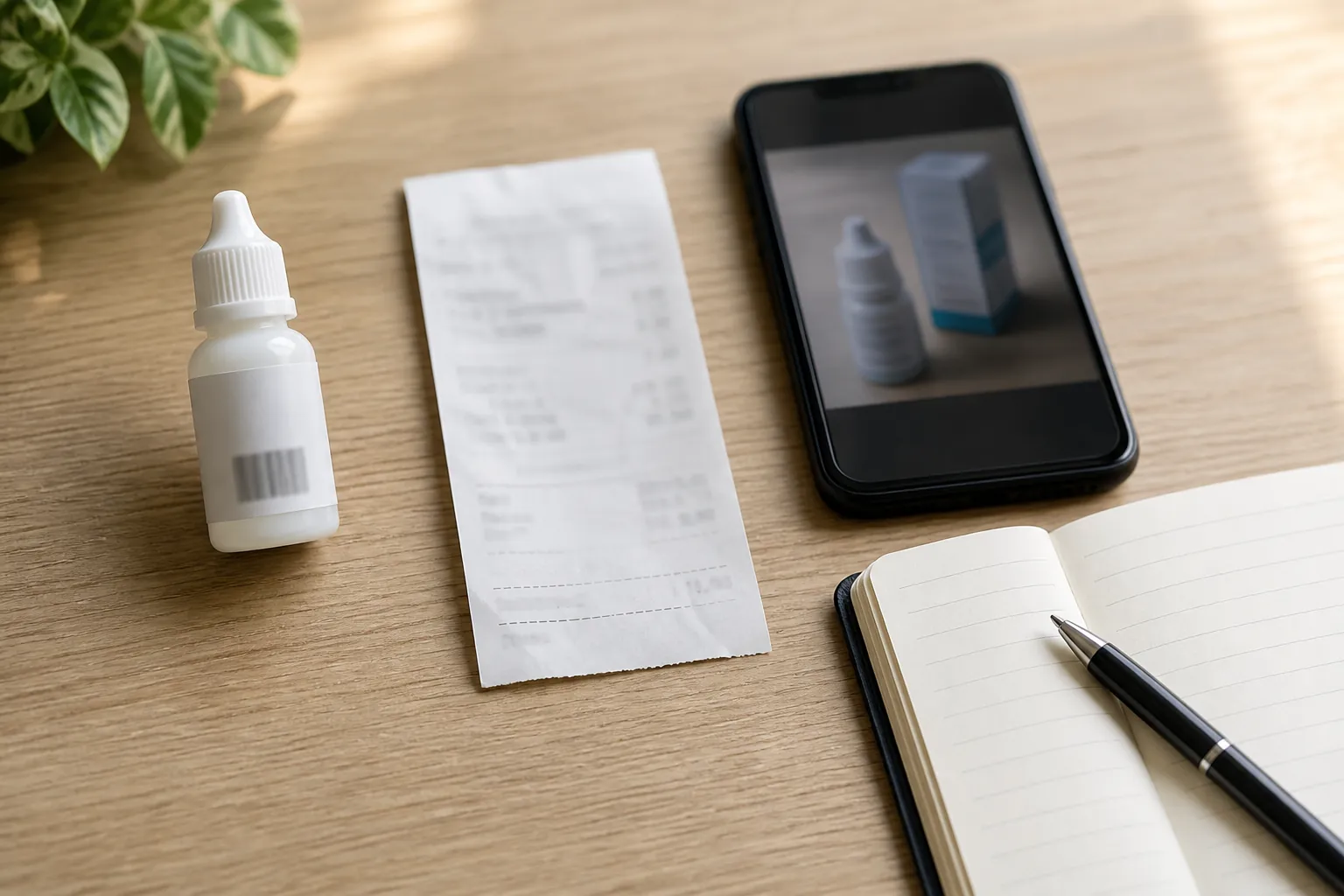 Preserved purchase evidence with eye drop bottle, receipt, phone photo, notebook, and pen