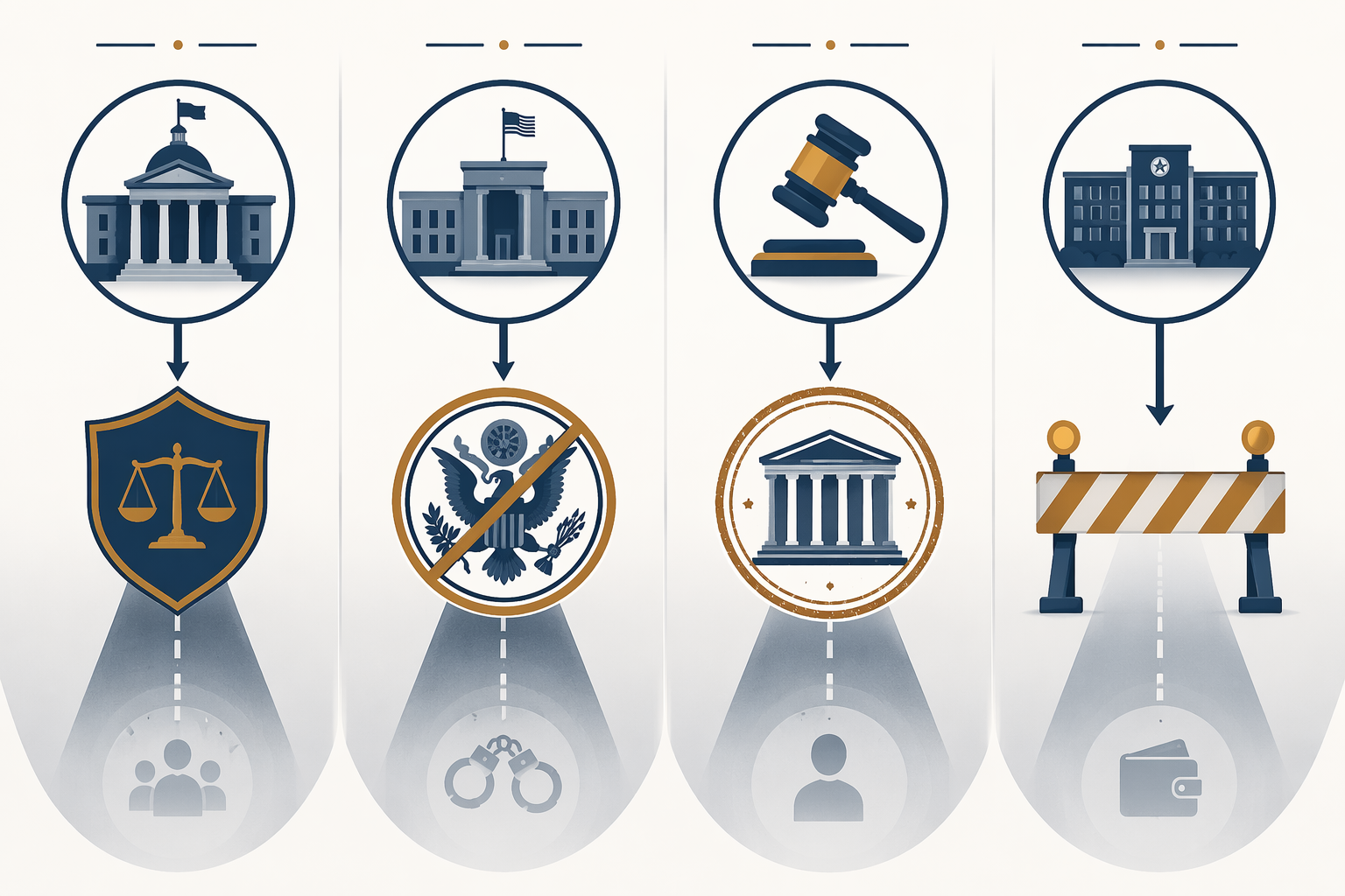 Four-column diagram of legal pathways for ICE shooting accountability, including state prosecution, federal prosecution, Bivens suits, and FTCA claims