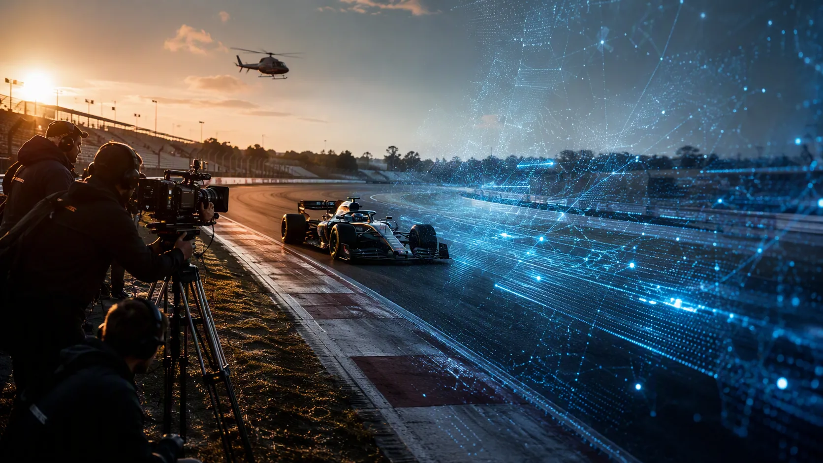 Formula 1-style race car on a real racetrack being filmed by a crew as the image dissolves into digital particles