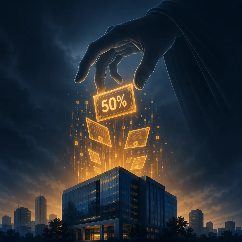 Government hand reaching toward digital stock certificates rising from a corporate building