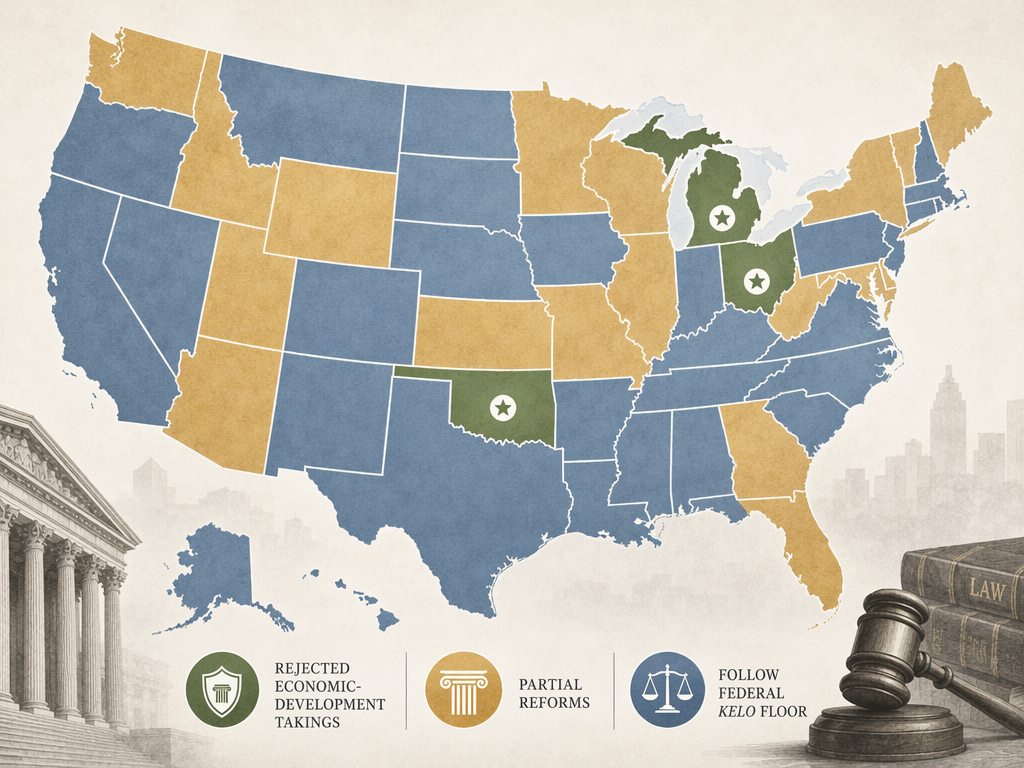 Map illustration showing the fragmented post-Kelo eminent domain landscape across the United States