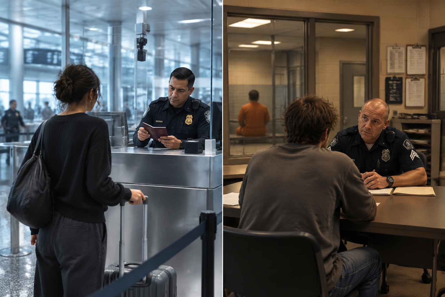 Split-screen scene showing airport border control on one side and a domestic police detention room on the other