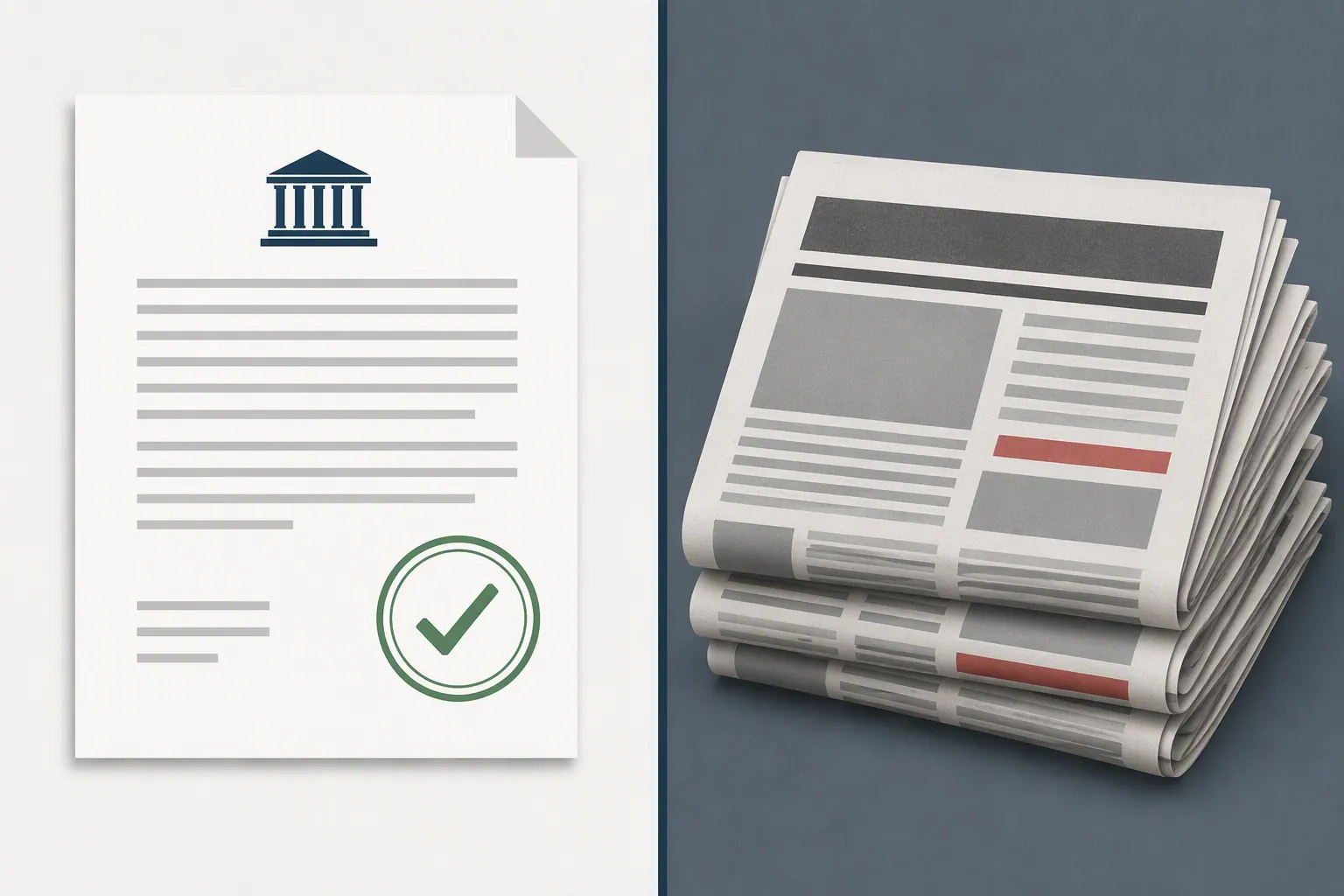Verified court document contrasted with a stack of press reports