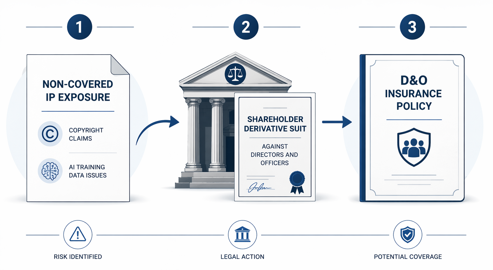 Flowchart showing IP exposure leading to shareholder derivative suit and then to a D&O insurance policy
