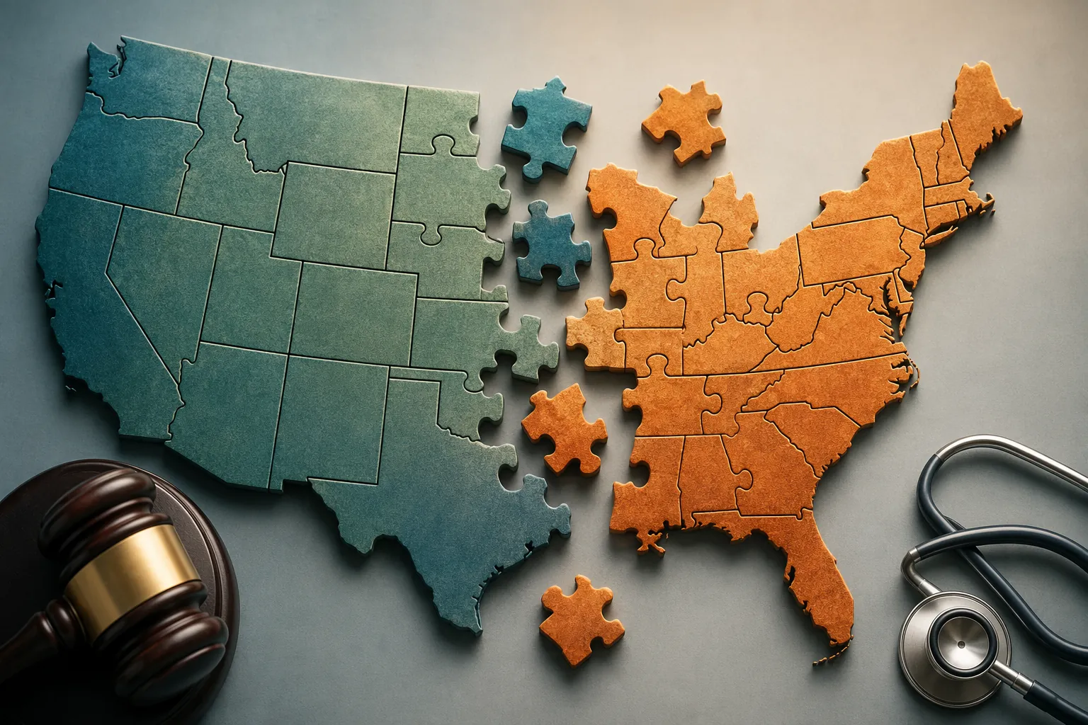 Fragmented United States map with legal and health symbols suggesting state-by-state vaccine mandate uncertainty