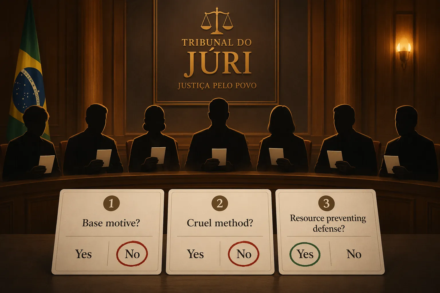 Seven anonymous juror silhouettes holding secret ballots with three yes or no question cards