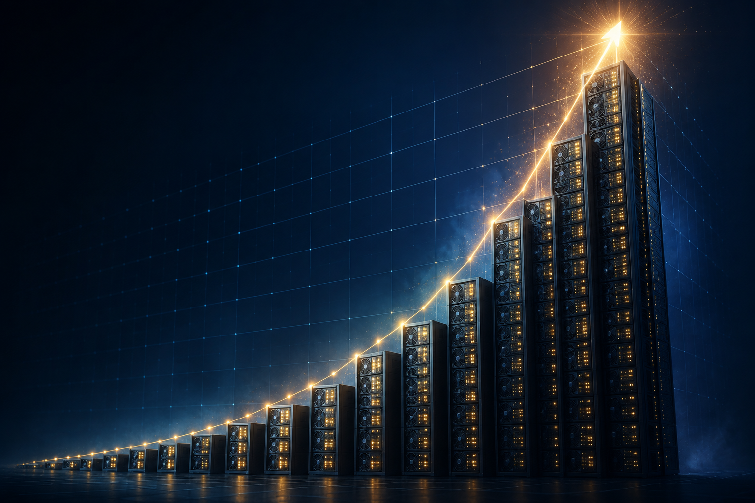 GPU server rack silhouettes rising along a steep upward trajectory