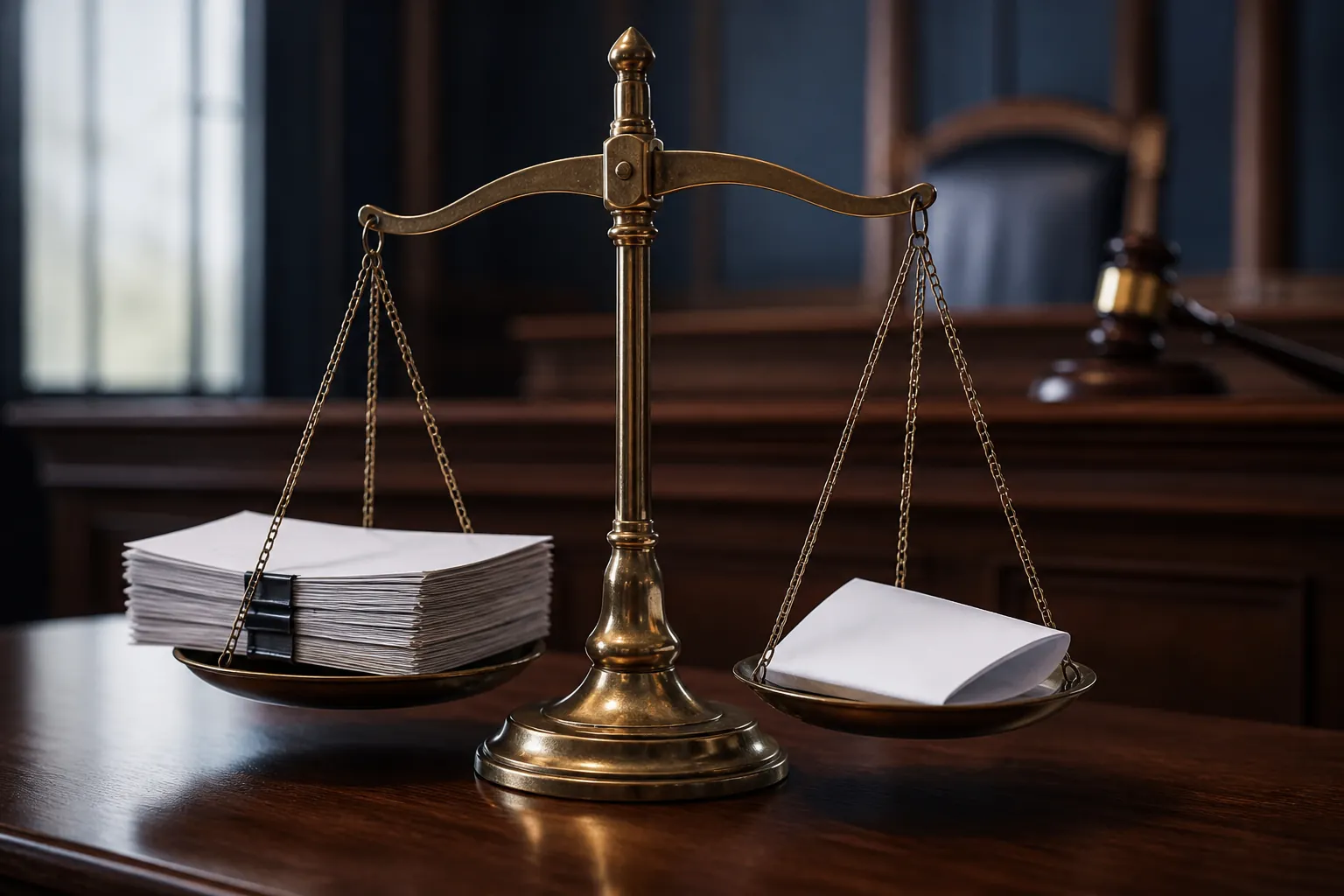 Balanced scales of justice beside legal documents in a courtroom setting, suggesting an undecided live trial record