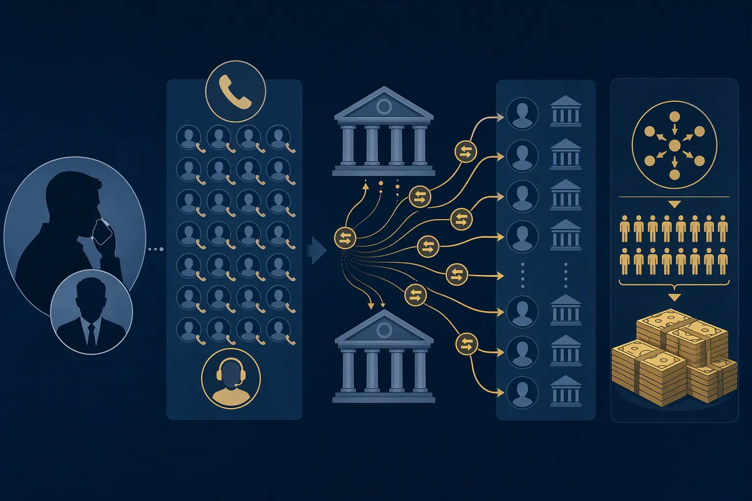 Conceptual illustration of a telephone handset connected to bank icons and numerical transfer markers