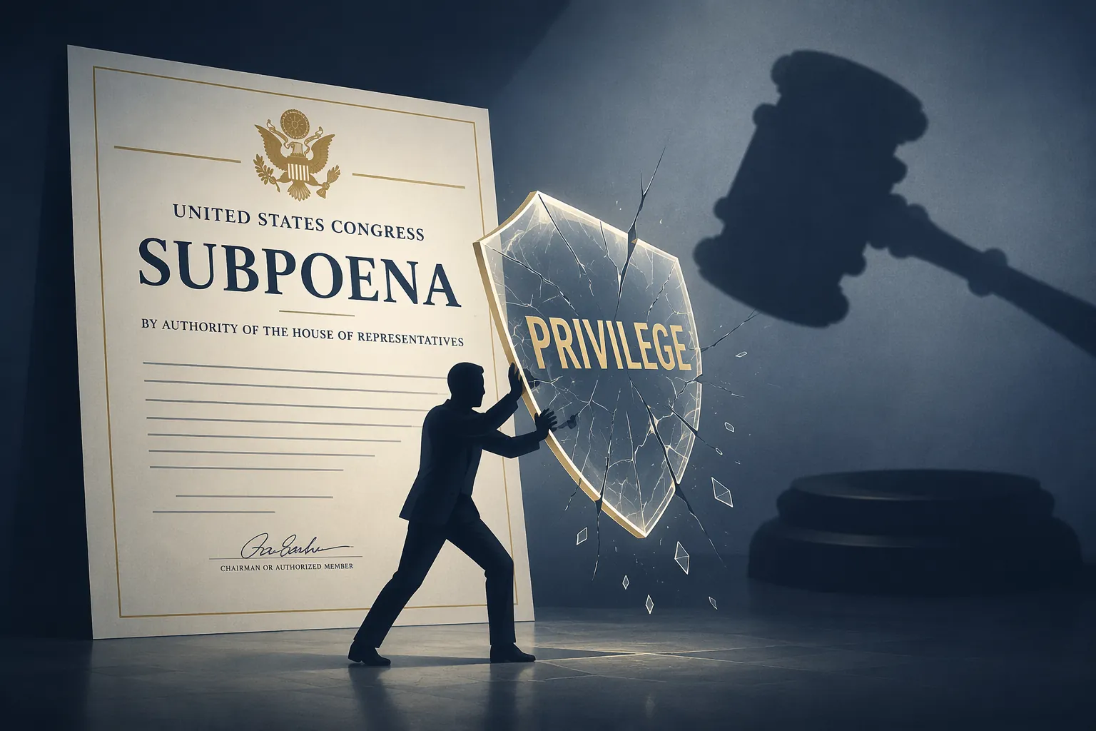 Witness before a congressional subpoena holding a cracking shield labeled privilege