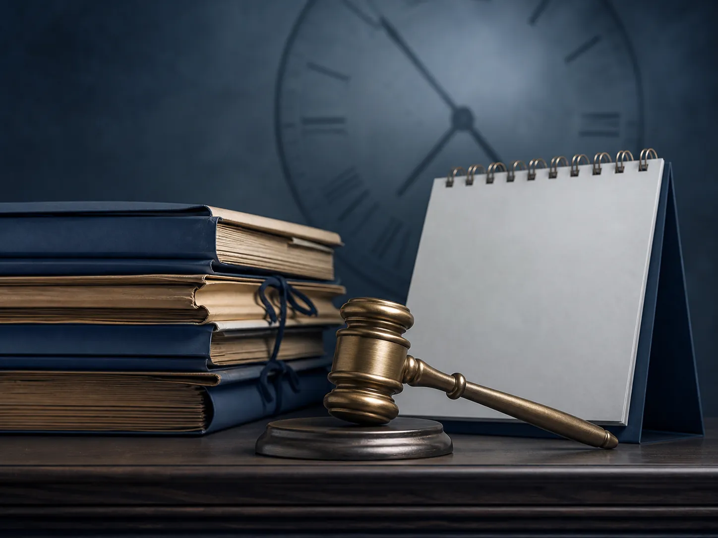 Gavel, case folders, and calendar suggesting an unresolved proceeding awaiting trial